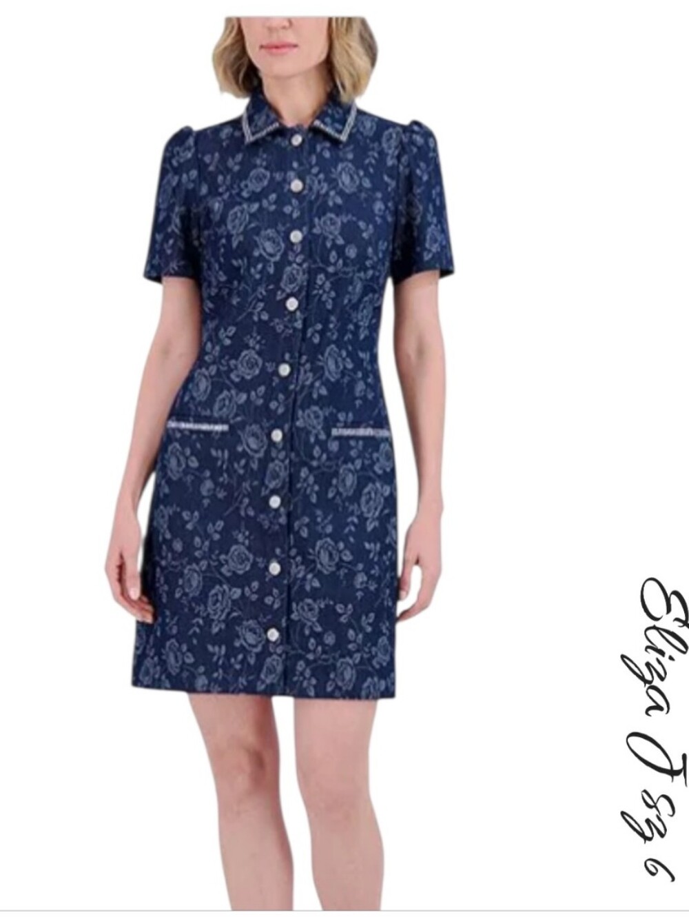 Eliza J Floral Denim Shirtdress Rhinestone Trim Mini Dress Blue 6 NWT